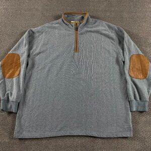 Orvis 1/4 Zip Pullover Sweater Sweatshirt Men's XXL Blue Leather Elbow Patches